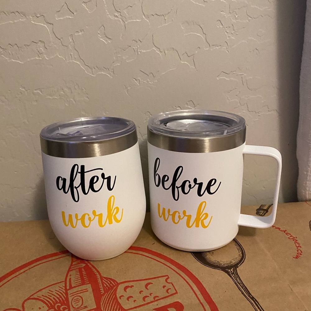 White Insulated Mugs with Fun Text
